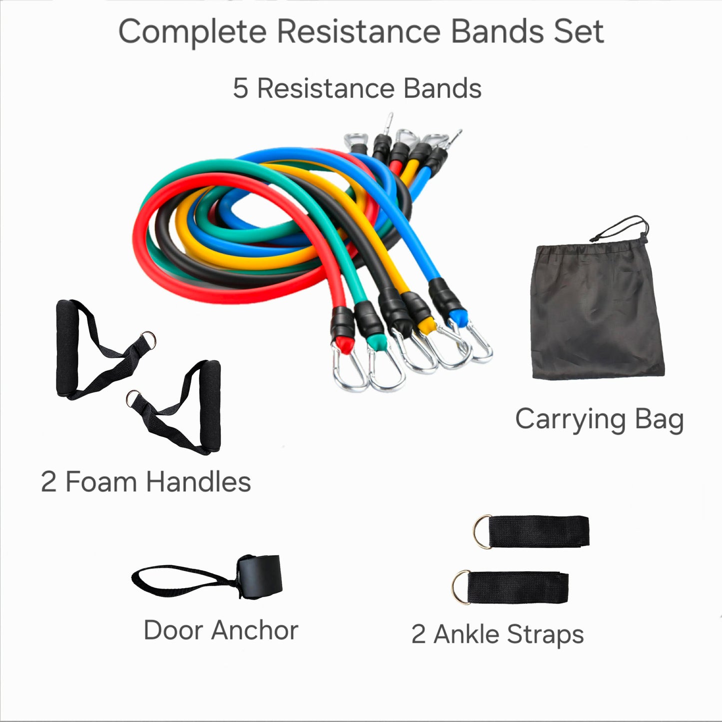 Complete resistance band set with handles, door anchor and carrying bag